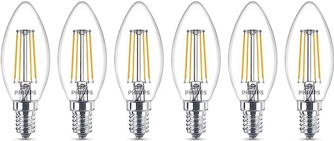 Philips LED 3.4W (40W Replacement) B35 Filament Candle, Dimmable,E14 SES Small Edison Screw, 2700k Warm White, 470 Lumen, 15000 Hours, Clear Lamp - 6pack