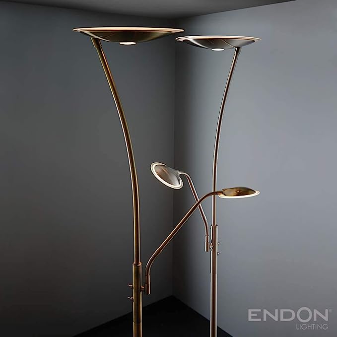 Endon Alassio Mother and Child Task Floor finished in a satin chrome effect plate with a white frosted dish. Main light and task light can be lit together or separately from each other. Task light has an adjustable arm to direct light as required - 73081