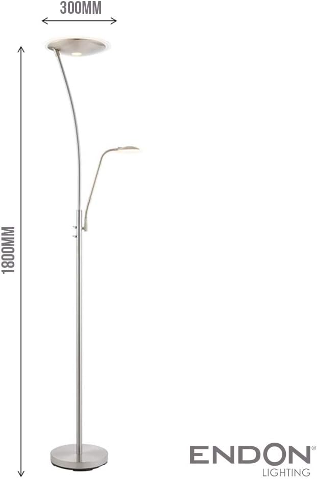 Endon Alassio Mother and Child Task Floor finished in a satin chrome effect plate with a white frosted dish. Main light and task light can be lit together or separately from each other. Task light has an adjustable arm to direct light as required - 73081