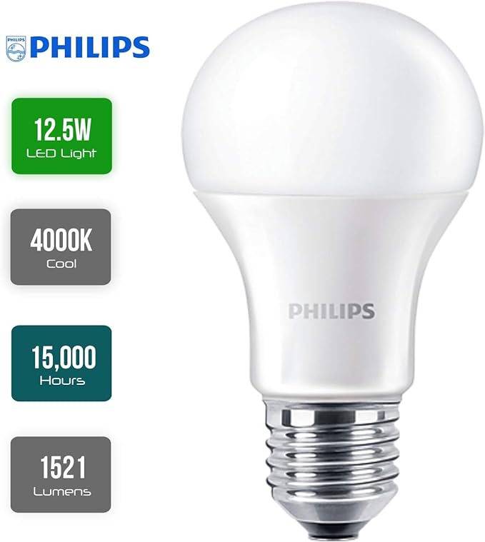 Philips LED 12.5W - 100W Equivalent Frosted A60 Light Bulbs E27 Edison Screw - Cool White (4000K), Non Dimmable, 1521 Lumen, 80+ CRI(929001312402)