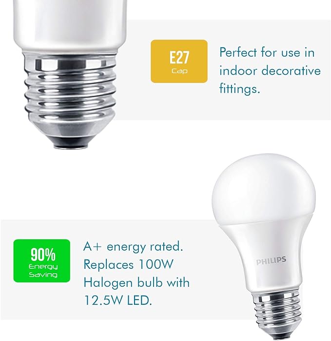 Philips LED 12.5W - 100W Equivalent Frosted A60 Light Bulbs E27 Edison Screw - Cool White (4000K), Non Dimmable, 1521 Lumen, 80+ CRI(929001312402)