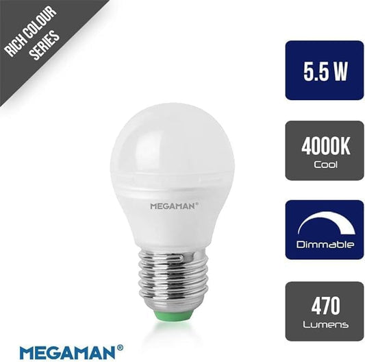 MEGAMAN R9 Classic Opal Dimmable Golf Ball LED Lamp, E27, 5.5 Watt 4000K Colour Temperature, Warm White [Energy Class A]