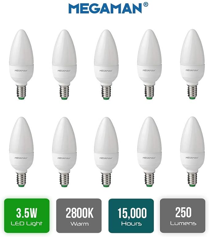 Pack of 10 Megaman 143300 LED 3.5W Candle Light Bulbs Opal E14 SES 2800K Warm White 250lm 25W Halogen Bulbs Replacement, 15000hr Lamp Life [Energy Class A+]