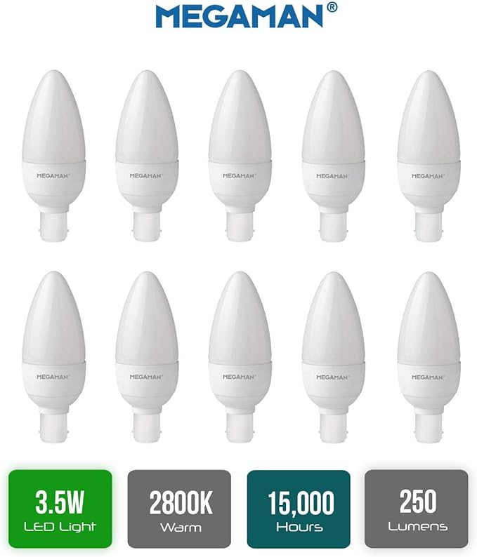 Pack of 10 MEGAMAN LED 3.5W Candle Light Bulbs Opal B15 SBC 2800K Warm White 250lm 25W Halogen Bulbs Replacement, 15000hr Lamp Life [Energy Class A+] - 10pack