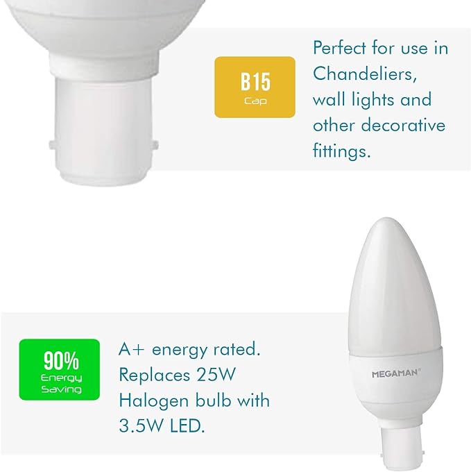 Pack of 10 MEGAMAN LED 3.5W Candle Light Bulbs Opal B15 SBC 2800K Warm White 250lm 25W Halogen Bulbs Replacement, 15000hr Lamp Life [Energy Class A+] - 10pack