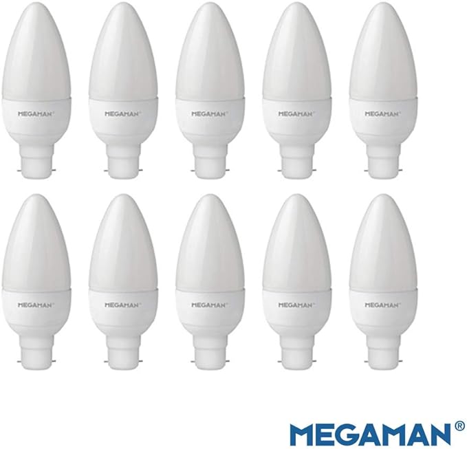 Pack of 10 MEGAMAN LED 5.5W Warm White BC B22 Candle None Dimmable Lamp 2800K - 470 Lumens 15000 Hours Life - 10 Pack