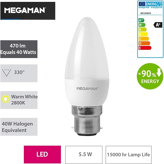 Pack of 10 MEGAMAN LED 5.5W Warm White BC B22 Candle None Dimmable Lamp 2800K - 470 Lumens 15000 Hours Life - 10 Pack