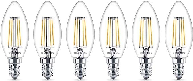 Philips LED 3.4W (40W Replacement) B35 Filament Candle, Dimmable,E14 SES Small Edison Screw, 2700k Warm White, 470 Lumen, 15000 Hours, Clear Lamp - 6pack