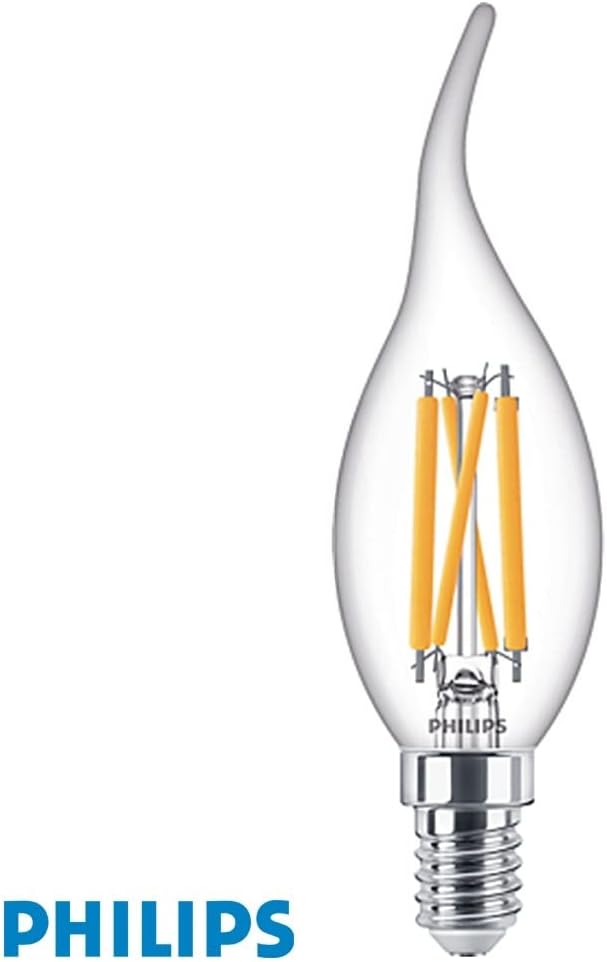 Philips Classic LED 4.5W (40W Replacement) B35 Bentip Filament Candle, Dimmable,E14 SES Small Edison Screw, 2700-2200K Warm White, 470 Lumen, 15000 Hours, Clear Lamp