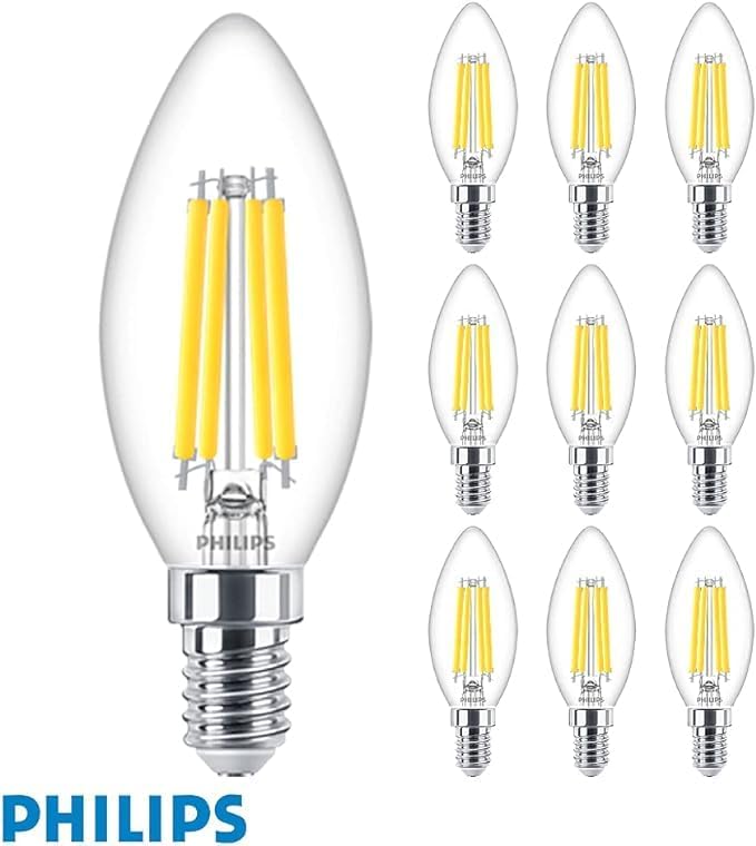 Philips LED 3.4W (40W Replacement) B35 Filament Candle, Dimmable,E14 SES Small Edison Screw, 2700k Warm White, 470 Lumen, 15000 Hours, Clear Lamp -10pack