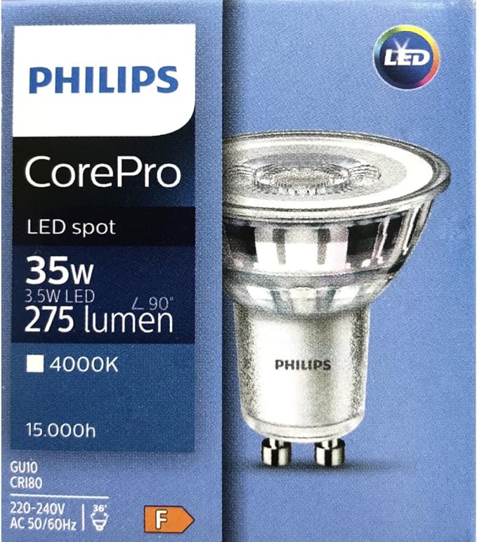 Pack of 10 x Philips Corepro LED 3.5W (35W) GU10, Bulb, 4000K Cool White, 36 Degree, Non Dimmable - 10pack