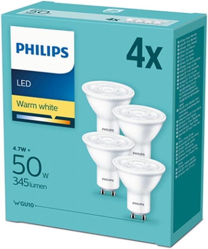 Philips Pack of 4 x CorePro LED Spot 4.7W (50W) GU10 Lamp 2700k Warm White 380 Lumen 15000 Hours 36° Beam [Energy Class A+]