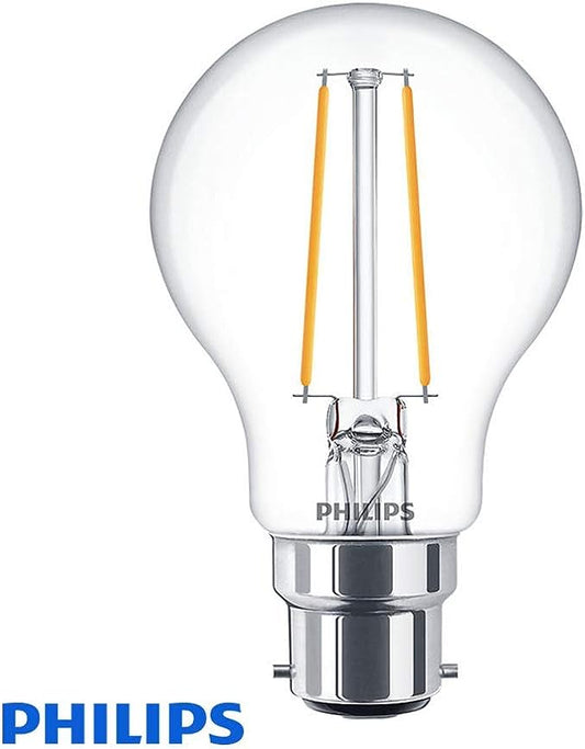 Philips Classic LED 5.5W (40W Replacement), B22 Bayonet Cap, Dimmable, Warm White, A60 Filament Clear Bulb [Energy Class A+]