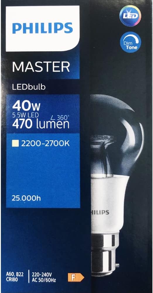 Philips Master Plastic LED 5.5W (40W) A60, B22 Bayonet Cap Bulb, Warm White, Dim Tone, Clear