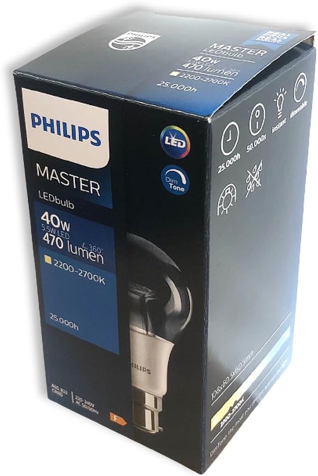 Philips Master Plastic LED 5.5W (40W) A60, B22 Bayonet Cap Bulb, Warm White, Dim Tone, Clear