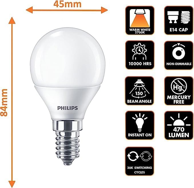 Philips Golfball/Mini Globe Frosted LED Light Bulb, E14, 5.5W, 470 Lumens, Warm White 2700K - 4 Pack [Energy Class A+]