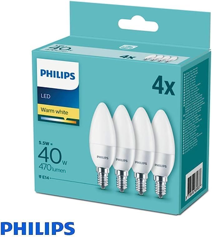 Philips Candle Frosted LED Light Bulb, E14, 5.5W, 470 Lumens, Warm White 2700K - 4 Pack [Energy Class A+]