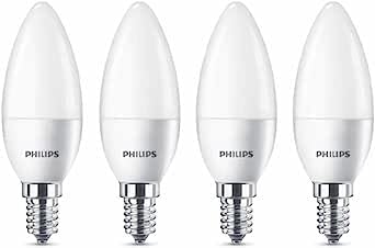 Philips Candle Frosted LED Light Bulb, E14, 5.5W, 470 Lumens, Warm White 2700K - 4 Pack [Energy Class A+]