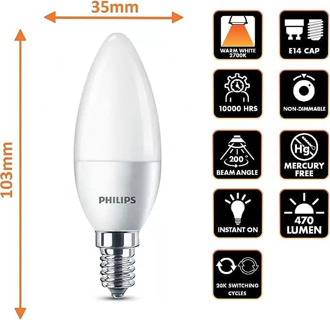 Philips Candle Frosted LED Light Bulb, E14, 5.5W, 470 Lumens, Warm White 2700K - 4 Pack [Energy Class A+]