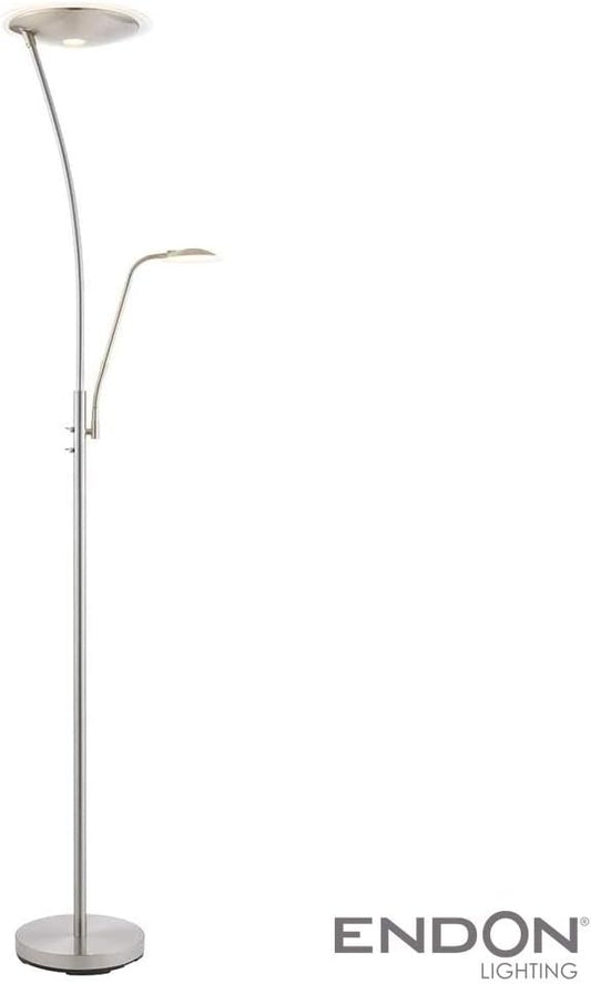 Endon Alassio Mother and Child Task Floor finished in a satin chrome effect plate with a white frosted dish. Main light and task light can be lit together or separately from each other. Task light has an adjustable arm to direct light as required - 73081