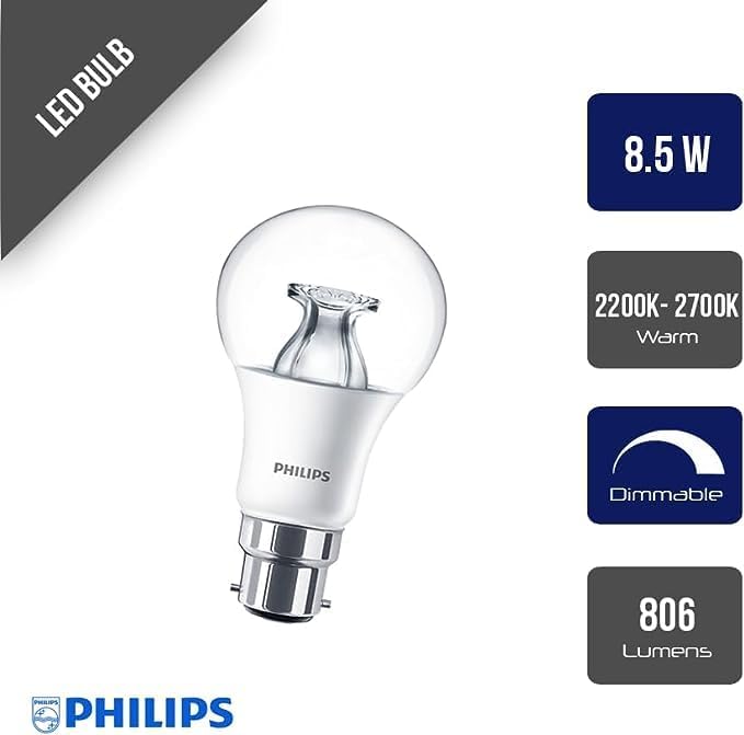 Philips Master LED 8W (60W) A60, B22 Bayonet Cap Bulb, Warm White, Dim Tone, Clear [Energy Class A+]