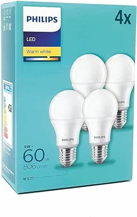 Philips LED Classic A60 Frosted Light Bulb 4 Pack [E27 Edison Screw] 8W - 60W Equivalent, Warm White 2700K, 806 Lumen Non Dimmable [Energy Class A]