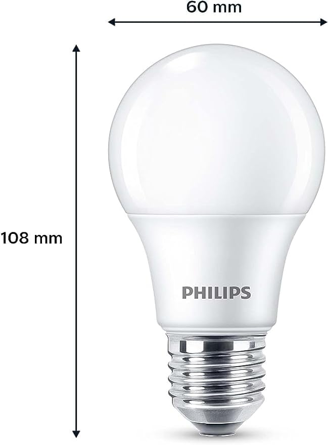 Philips LED Classic A60 Frosted Light Bulb 4 Pack [E27 Edison Screw] 8W - 60W Equivalent, Warm White 2700K, 806 Lumen Non Dimmable [Energy Class A]